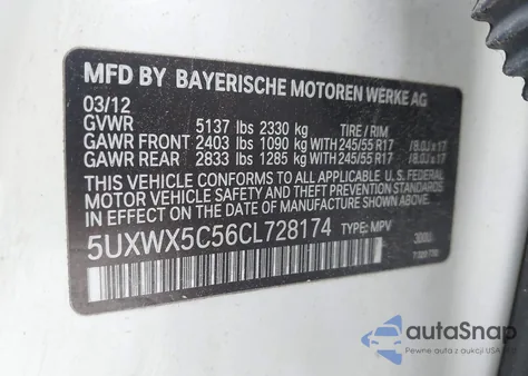 2012 BMW X3 xDrive28I z USA, uszkodzony, nr VIN 5UXWX5C56CL728174